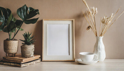 Mock up frame in home interior background, beige room with minimal decor