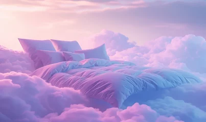 Fotobehang Illustration of a luxuriously comfortable bed resting on clouds in blue and purple tones providing a heavenly experience of rest and relaxation. Heavenly refuge concept. © Vagner Castro