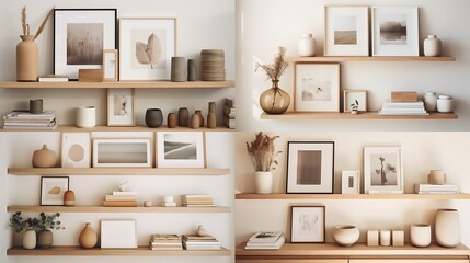 A Scandinavian-style room shelf with an empty photo case, displaying minimalist decor and a stack of neutral-toned photo albums - obrazy, fototapety, plakaty