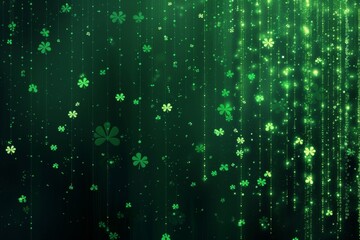 St. Patrick's Day themed digital matrix rain, streams of green code create a backdrop of falling shamrocks