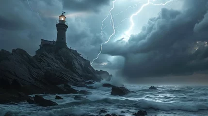 Poster A lighthouse in thunder storm with lightning bolt strike and cloud. © Joyce