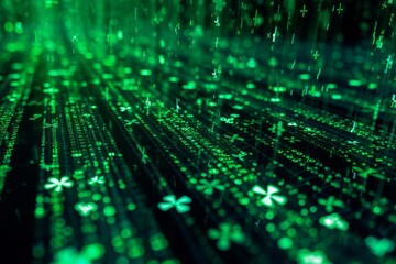 St. Patrick's Day themed digital matrix rain, streams of green code create a backdrop of falling shamrocks