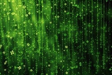St. Patrick's Day themed digital matrix rain, streams of green code create a backdrop of falling shamrocks