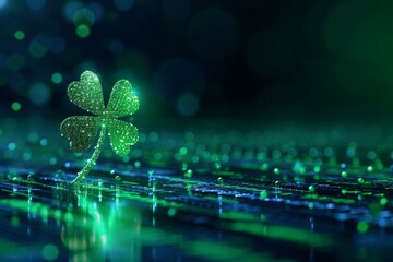 A single neon green shamrock stands out on a reflective digital grid with a bokeh effect background - obrazy, fototapety, plakaty