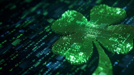 A radiant green shamrock superimposed on a complex circuit board, symbolizing St. Patrick's Day and the intersection with information technology