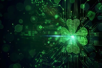 A radiant green shamrock superimposed on a complex circuit board, symbolizing St. Patrick's Day and the intersection with information technology