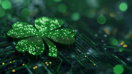A sparkling green digital shamrock integrated into a dark electronic circuit board. St. Patricks Day and information technology concept