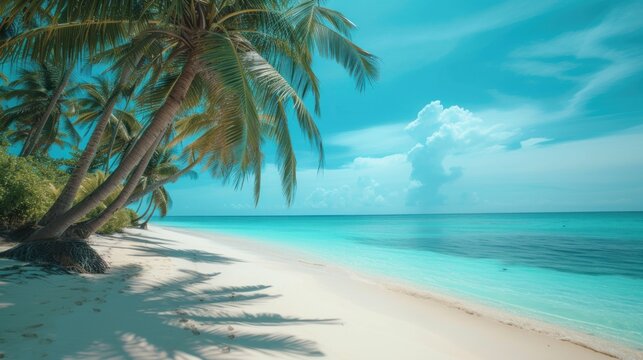  a painting of a tropical beach with a palm tree in the foreground and the ocean in the back ground.