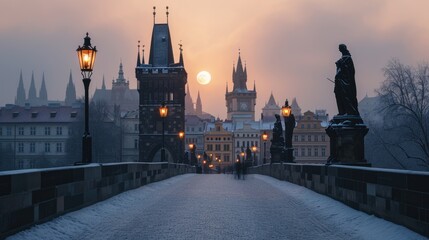 Naklejka premium Charles bridghe with beautiful historical buildings at sunrise in winter in Prague city in Czech Republic in Europe.