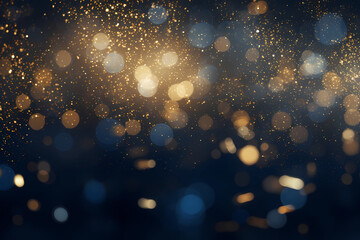 Golden abstract background with glittering gold dust particles and glittering lights and bokeh effect, blue background - obrazy, fototapety, plakaty