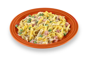 romanesque noodles with peas on plate on cutout background