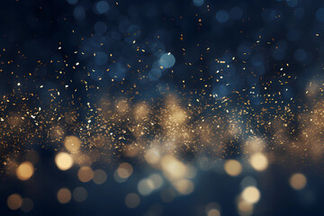 Golden abstract background with glittering gold dust particles and glittering lights and bokeh effect, dark blue background - obrazy, fototapety, plakaty
