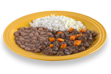 Beef mince with rice and beans on plate on cutout background