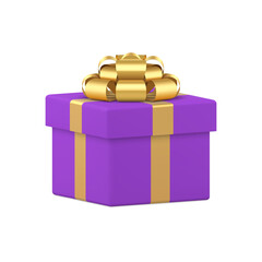 Purple squared gift box with luxury golden bow ribbon holiday pack 3d icon realistic vector