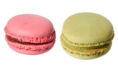 Raspberry and pistachio macaron on isolated background
