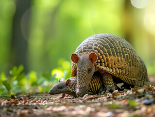 A protective armadillo mother with her curious baby in a summer meadow.