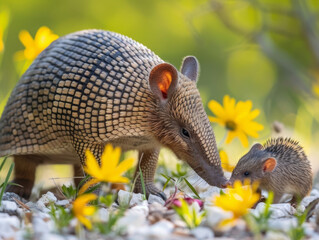 Obraz premium A protective armadillo mother with her curious baby in a meadow full of spring flowers.