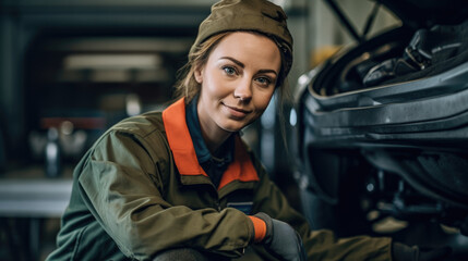 Woman is kneeling down and looking at an engine of car.
