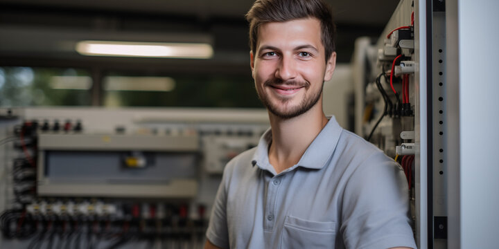 Elektroniker an seinem Arbeitsplatz l&auml;chelt in die Kamera