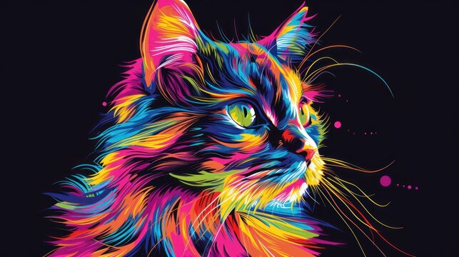  a multicolored cat's face is shown on a black background, with a black background behind it. © Olga