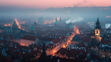 Tuinposter Beautiful historical buildings in winter with snow and fog in Prague city in Czech Republic in Europe. © Joyce