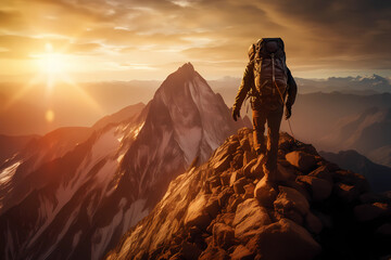 silhouette of a hiker on a mountain top at sunrise with copy space