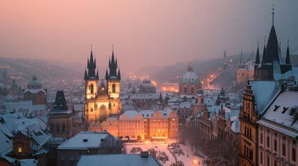 Beautiful historical buildings in winter with snow and fog in Prague city in Czech Republic in Europe.