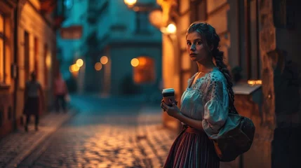 Deurstickers Beautiful lady with a coffee cup in night street with historic buildings in the city of Prague, Czech Republic in Europe. © Joyce