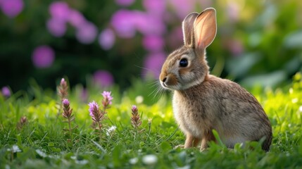 Fototapeta premium a rabbit is sitting in the grass and looking at the camera with a blurry background of purple flowers in the foreground.