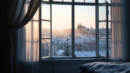 Window view of beautiful historical buildings of Prague city in Czech Republic in Europe.