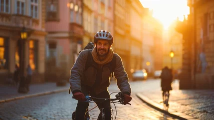 Keuken spatwand met foto Young traveler riding a bike in street with historic buildings in the city of Prague, Czech Republic in Europe. © Joyce
