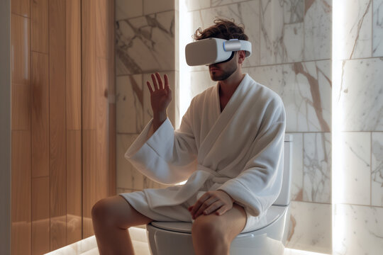 An adult male in a white bathrobe is seated on a toilet, wearing a VR headset.