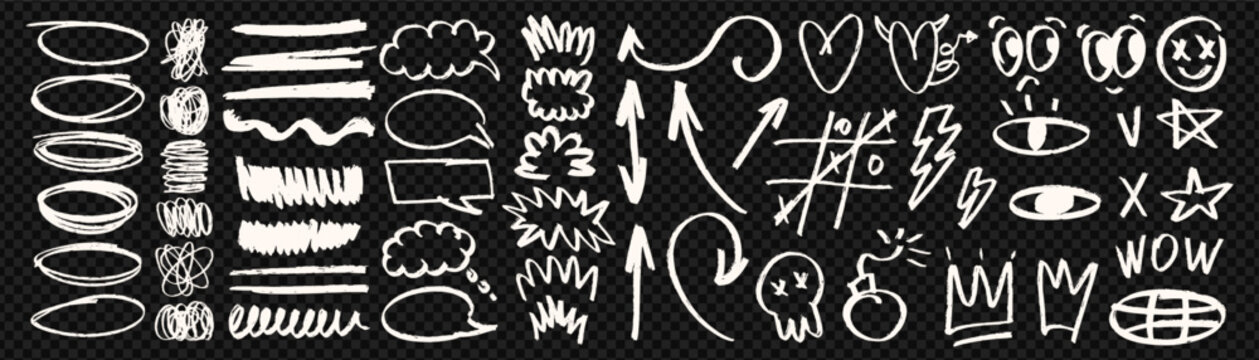 Big set of doodle elements. Highlights, lines, arrows, speech bubbles. Grunge icons and hand drawn scribbles. Vector modern design.