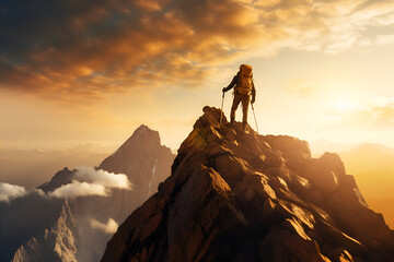 silhouette of a person with backpack on a mountain top - obrazy, fototapety, plakaty