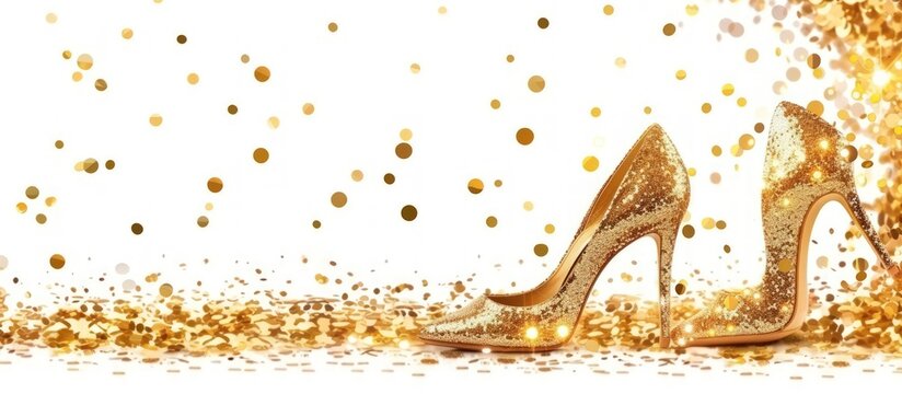 Golden high heel luxury Woman shoe with glitter and confetti background. Generated AI image