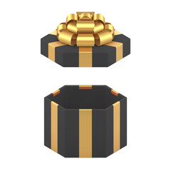 Black empty hexagonal gift box with open lid and luxury golden bow ribbon 3d icon realistic vector