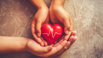 Gentle hands cradling a red heart with a white heartbeat line, symbolizing care, health, and the loving protection provided by medical professionals.