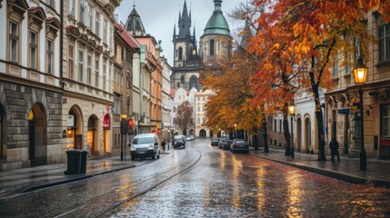 Fototapeta na wymiar Autumn foliage with street and beautiful historical buildings of Prague city in Czech Republic in Europe.