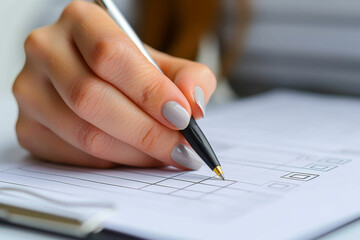 Business success essentials: Close-up of a professional woman's hand completing tasks on a checklist