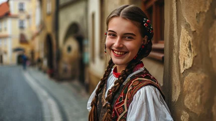 Tuinposter A beautiful girl in traditional Czech clothing in street with historic buildings in the city of Prague, Czech Republic in Europe. © Joyce