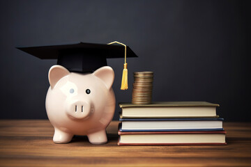 Piggy bank, stack of coins, books and graduation hat on table . - 734264738
