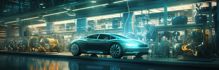 car of the future is near the multi-level parking lot. - 734264754