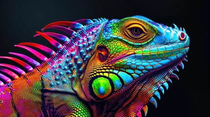 Obraz premium a close up of an iguana's head and neck with multicolored patterns on a black background.