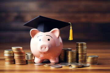 piggy bank in a graduate hat and stacks of coins on a wooden background. - 734264767