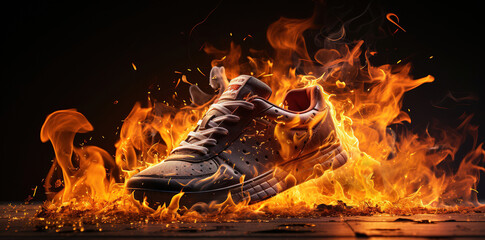 sport shoe in flame, sneaker burning, creative ad. - 734264770