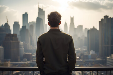 businessman looking at the city - obrazy, fototapety, plakaty