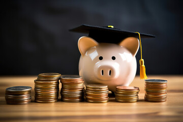 Funny piggy bank in a graduate hat and stacks of coins on the table. - 734264777