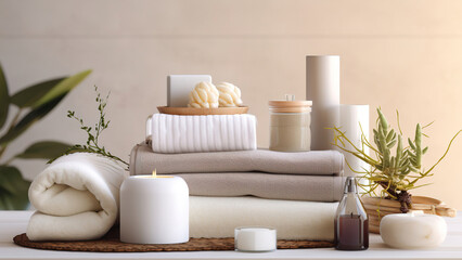 skin care products on a stack of towels in the bathroom. - 734264781