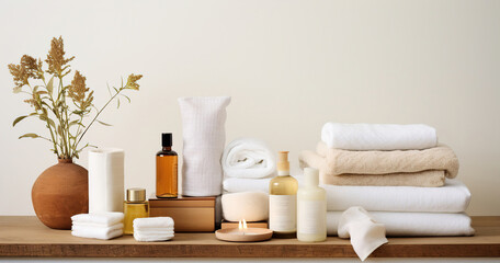 skin care products and fluffy towels in the bathroom. - obrazy, fototapety, plakaty