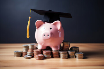 Funny piggy bank in a graduate hat on stacks of coins. - 734264788